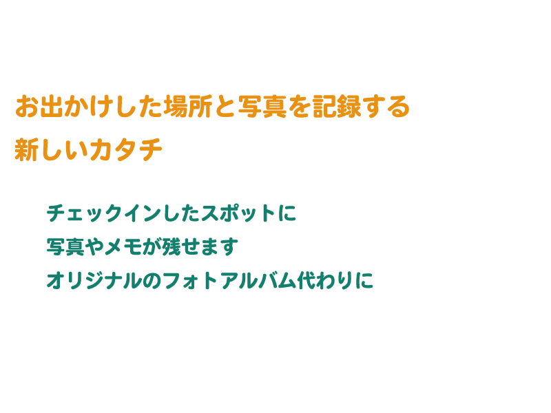 お出かけした場所と写真を記録する新しいカタチ チェックインしたスポットに写真やメモが残せます オリジナルのフォトアルバム代わりに